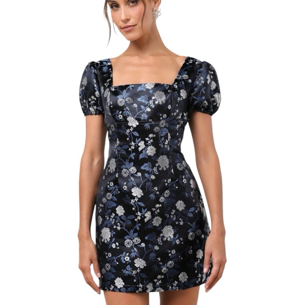 NWT Lulus Dramatic Beauty Black Floral Jacquard Puff Sleeve Mini Dress - M